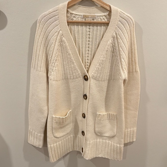 Michael Kors Sweaters - Michael Kors Women’s Cream V-Neck Cardigan Wool Blend Front Pockets Cosy Size L